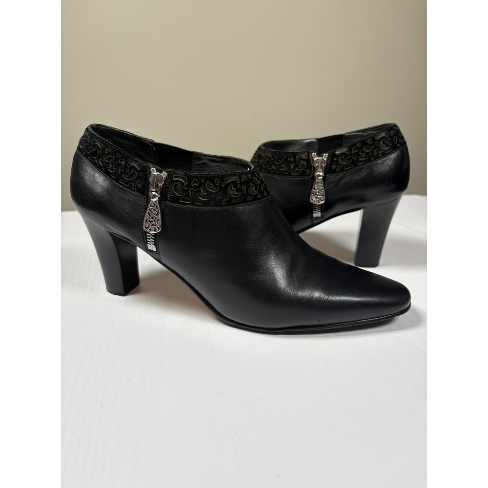 Brighton Reel Black Leather Ankle Boots Heart Zipper Block Heel Women 10M Brazil